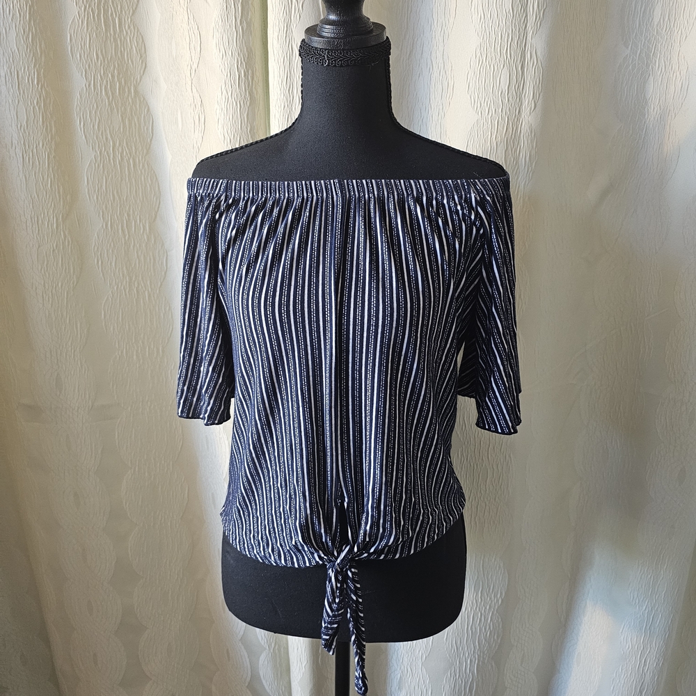 Striped Off-Shoulder Tie-Front Top